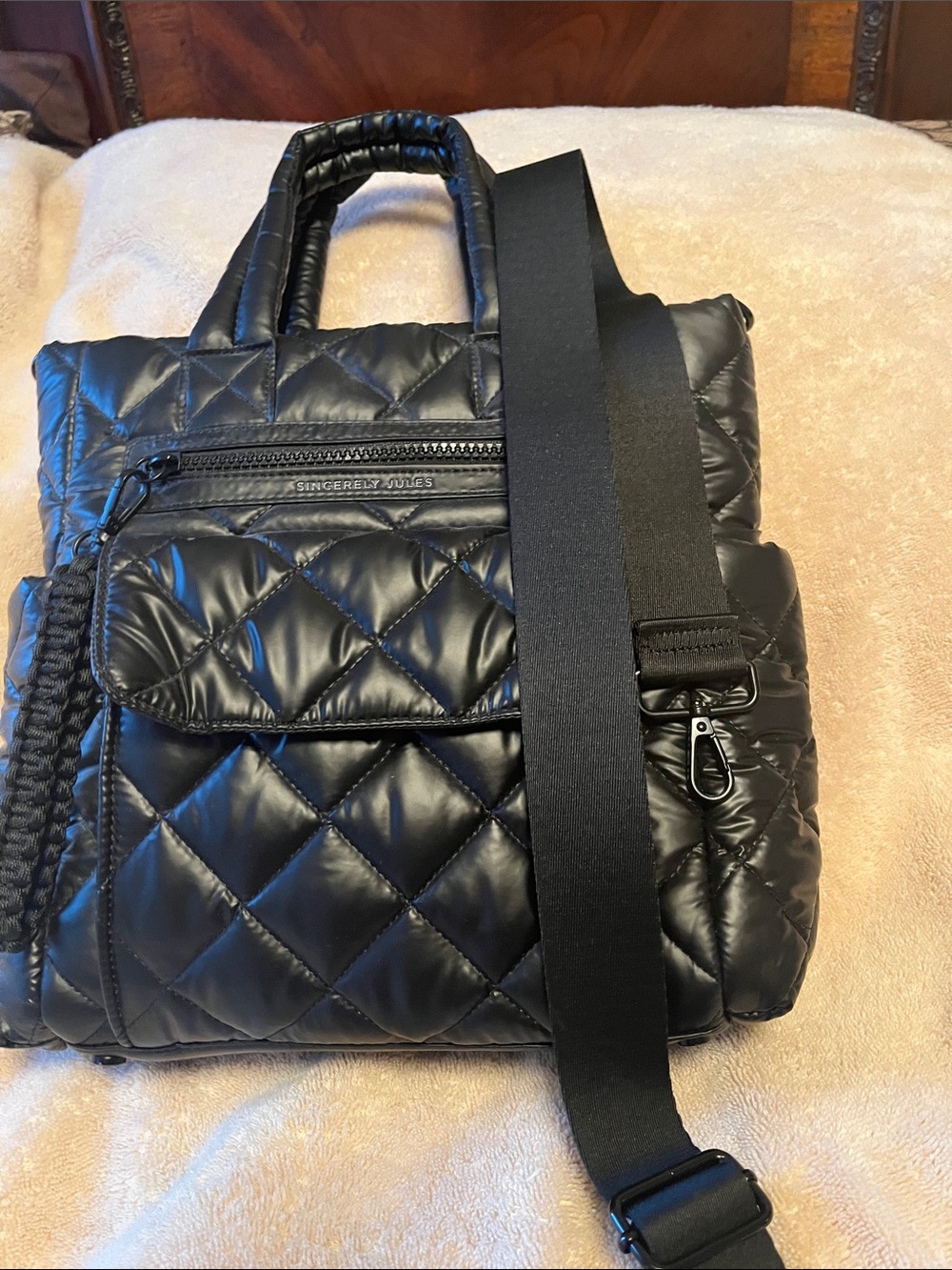 Sincerly Jules Black Quilted Puff Tote with Adjustable Strap